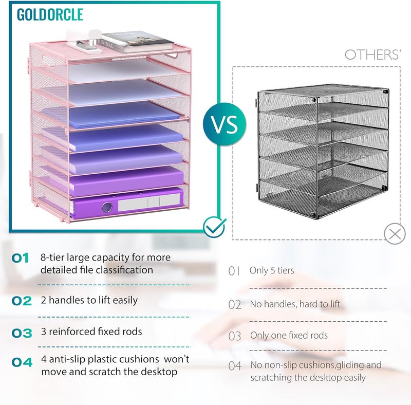 GoldOrcle 8 Tier Paper Letter Tray Organizer with Handles, Mesh Desk File Holder Storage Organization for Home School Classroom & Office (Pink) - Image 3